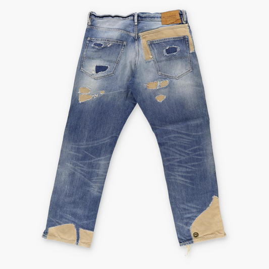 RALPH LAUREN DENIM & SUPPLY 'Straight' Distressed Tan Patchwork Blue Wash Jeans (31)
