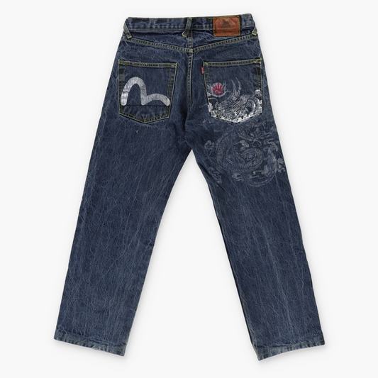 EVISU Dragon Print Yellow Stitch Denim Jeans (30 x 34)