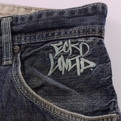 ECKO UNLTD 'Baggy Fit' Green & Blue Embroidered Logo Faded Blue Jeans (40)