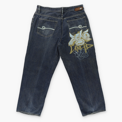 ECKO UNLTD 'Baggy Fit' Green & Blue Embroidered Logo Faded Blue Jeans (40)