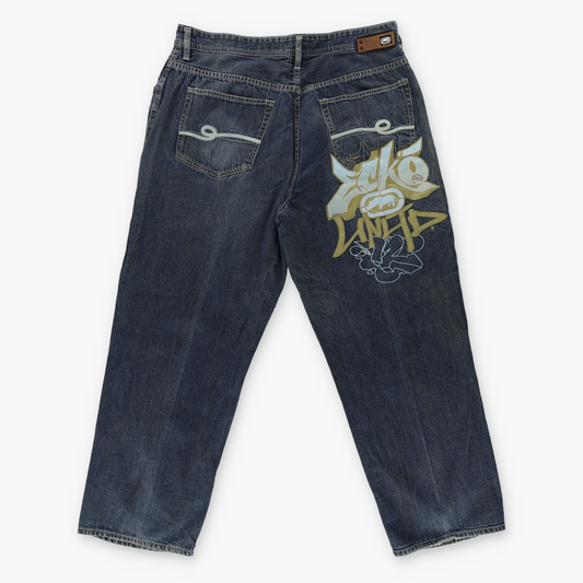 ECKO UNLTD 'Baggy Fit' Green & Blue Embroidered Logo Faded Blue Jeans (40)