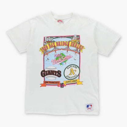 Vintage 1989 BAY BRIDGE SERIES Giants VS Athletics MLB White Single Stitch USA Made Baseball T-Shirt (L)