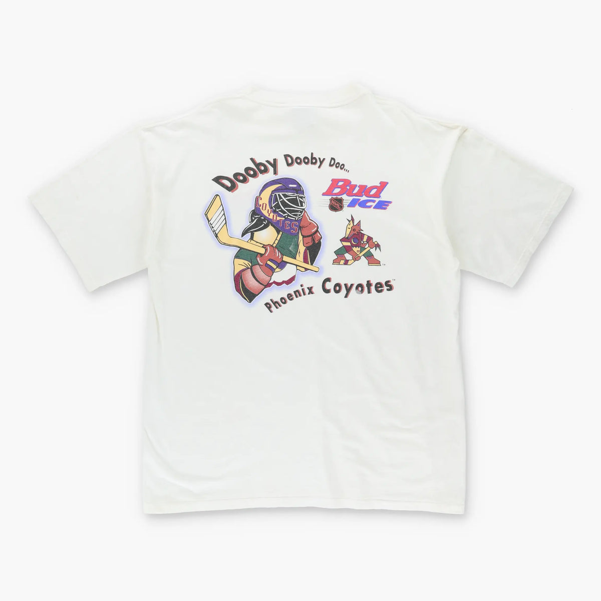 Vintage 90's BUD ICE NHL Phoenix Coyotes 'Dooby Dooby Doo' Ice Hockey White T-Shirt (XL)