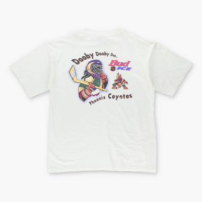 Vintage 90's BUD ICE NHL Phoenix Coyotes 'Dooby Dooby Doo' Ice Hockey White T-Shirt (XL)