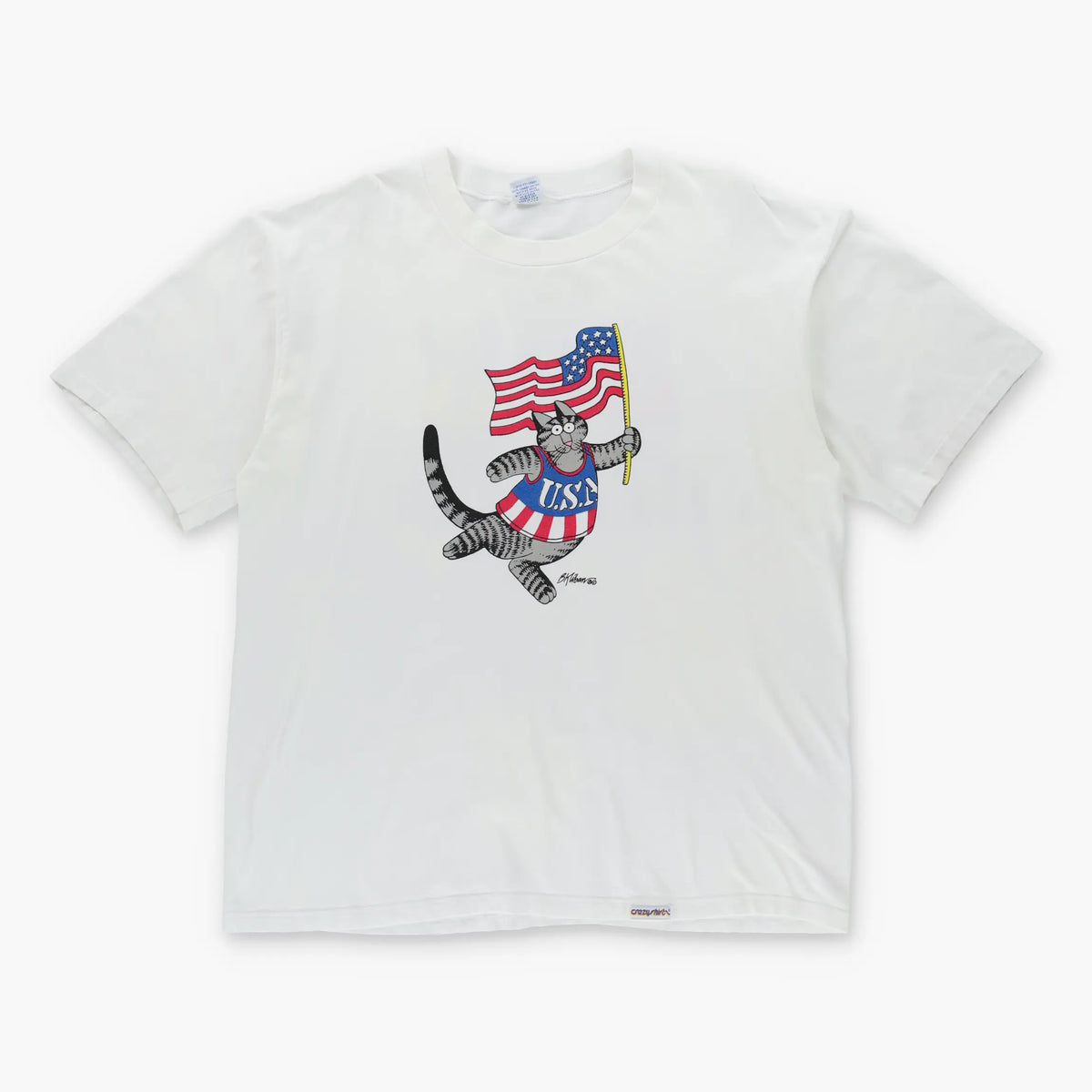 Vintage B Kilban USA Made America Cat Podium Medal Front Back White T-Shirt (XL-XXL)