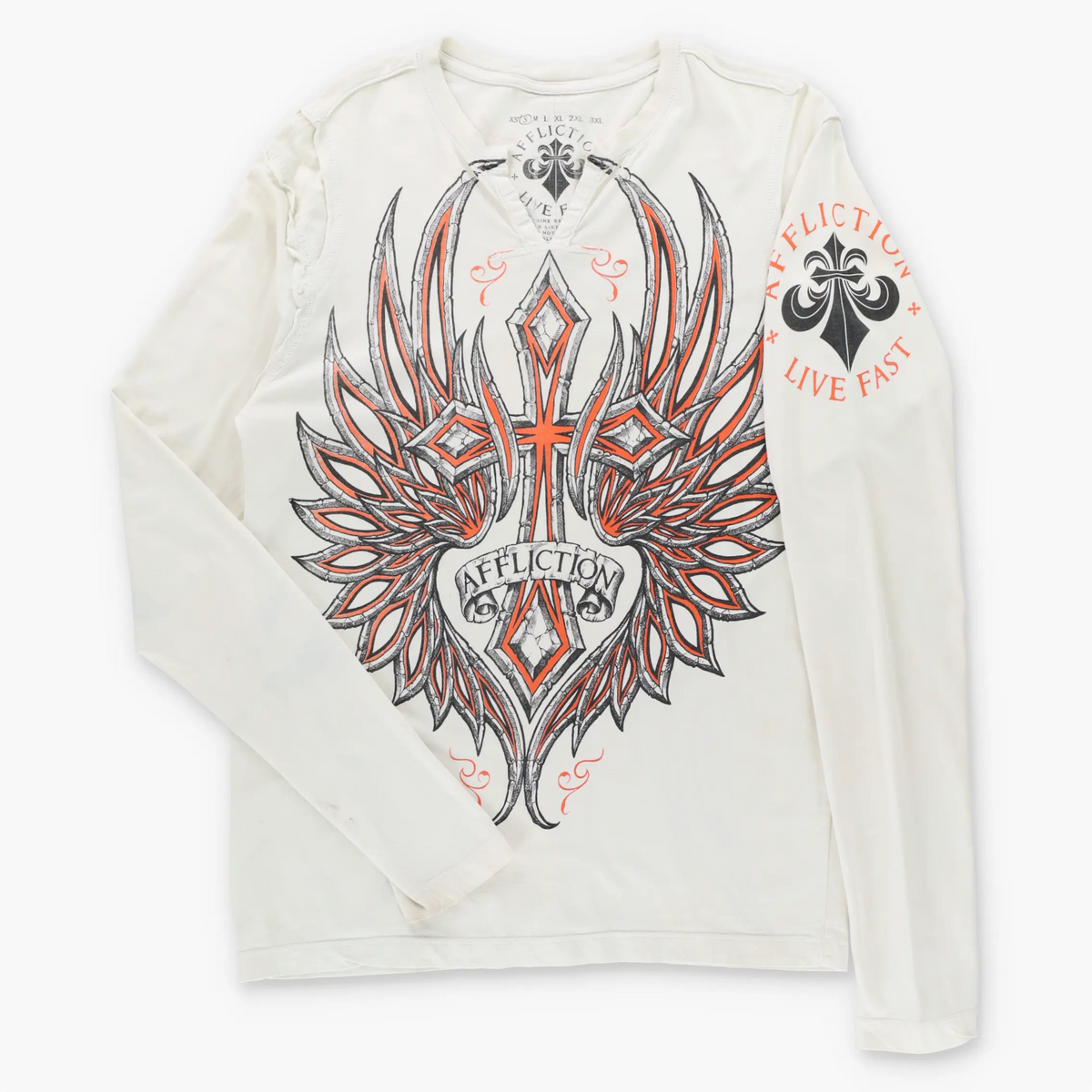 Vintage AFFLICTION White & Orange Winged Cross Y2K Long Sleeve T-Shirt (S-M)