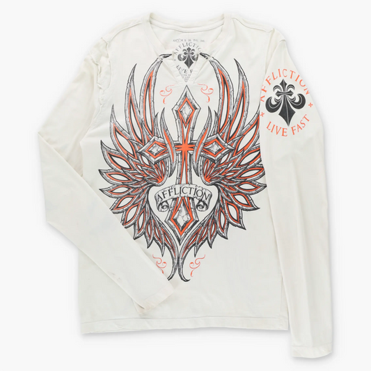 Vintage AFFLICTION White & Orange Winged Cross Y2K Long Sleeve T-Shirt (S-M)