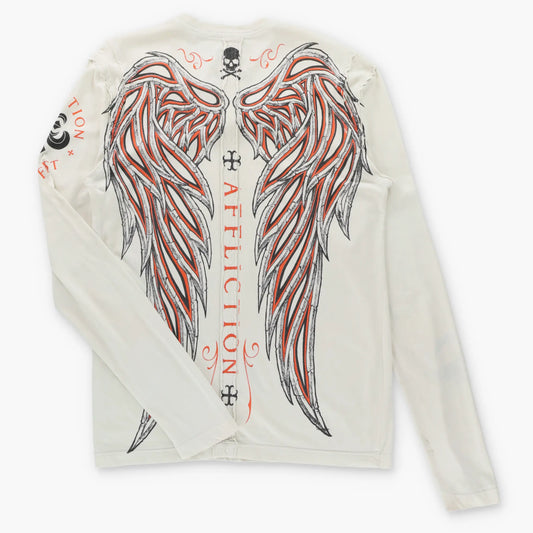 Vintage AFFLICTION White & Orange Winged Cross Y2K Long Sleeve T-Shirt (S-M)