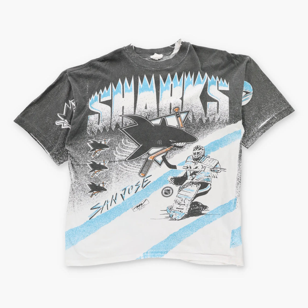 Vintage 1991 NHL San Jose Sharks Hockey Illustration All Over Print Single Stitch Tee (XL)