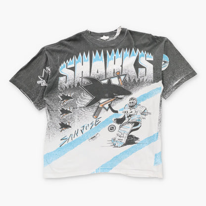 Vintage 1991 NHL San Jose Sharks Hockey Illustration All Over Print Single Stitch Tee (XL)