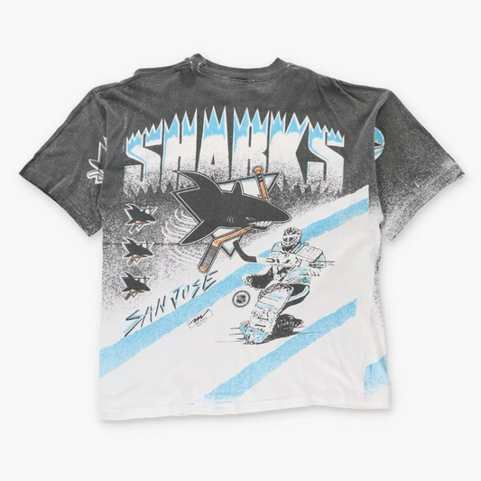 Vintage 1991 NHL San Jose Sharks Hockey Illustration All Over Print Single Stitch Tee (XL)