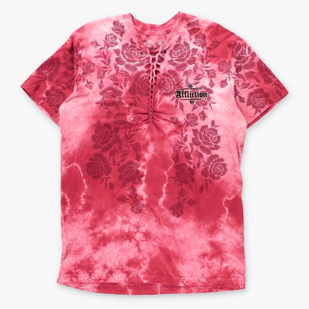 AFFLICTION Vintage Y2K Red Tie-Dye Roses Braided Detail Velvet & Pink Foil Wings Tee (M)