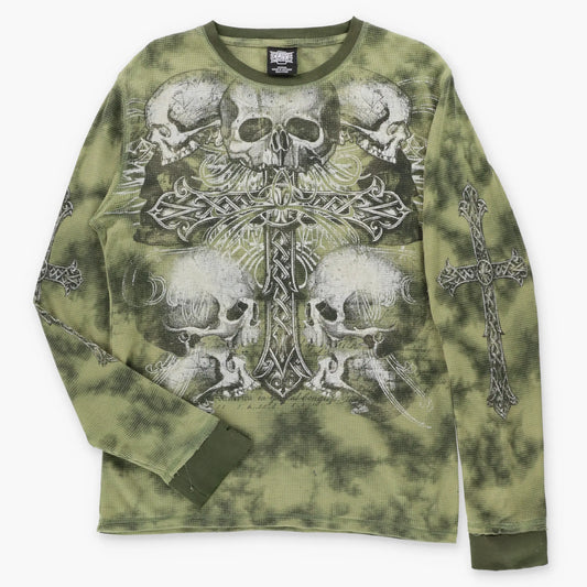 Vintage MMA ELITE Skulls & Crosses Green Waffle Knit Thermal Long Sleeve Tee (M)