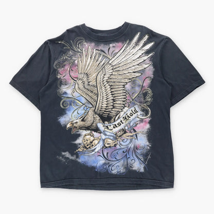 Vintage LAST HOLD Eagle & Skulls Multicolour Graphic Y2K Style 3D Swirl Detail Tee (XL)