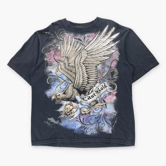 Vintage LAST HOLD Eagle & Skulls Multicolour Graphic Y2K Style 3D Swirl Detail Tee (XL)