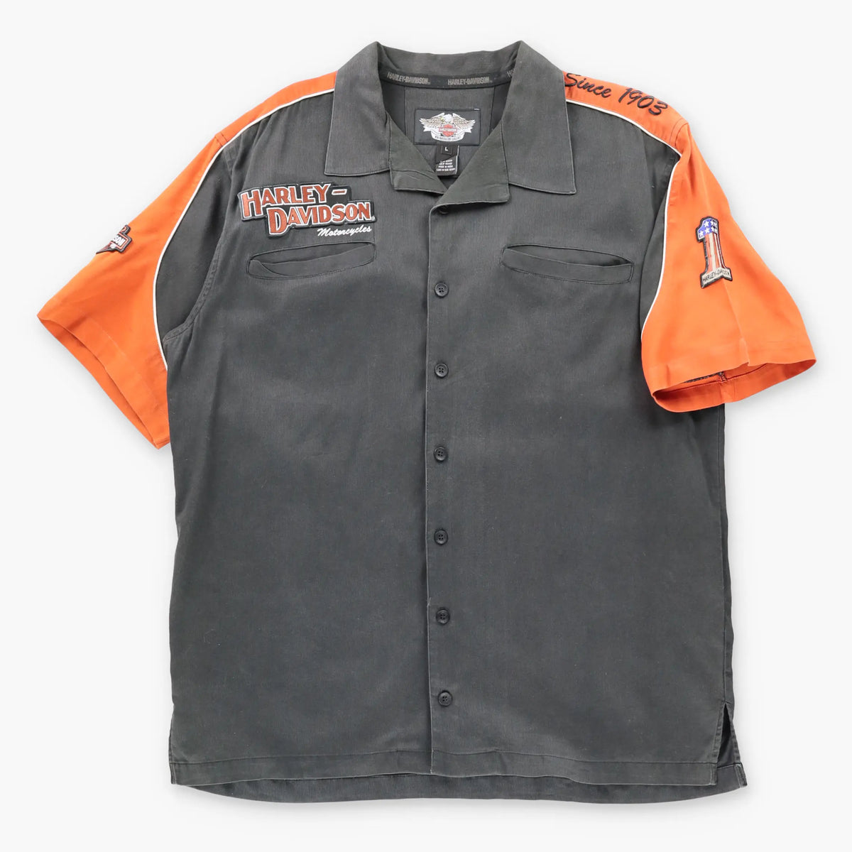Vintage HARLEY DAVIDSON Metallic Embroidered Logo Black & Orange Button Up Shirt (L)