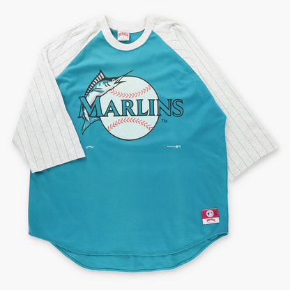Vintage MLB Florida Marlins Shimmer Graphic USA Made Teal 3/4 Sleeve Raglan Tee (XXL)