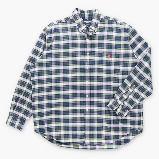 Vintage RALPH LAUREN GOLF 'Tilden' Embroidered Logo Crest Patch Blue & Green Plaid USA Made Button Down Shirt (XXL)