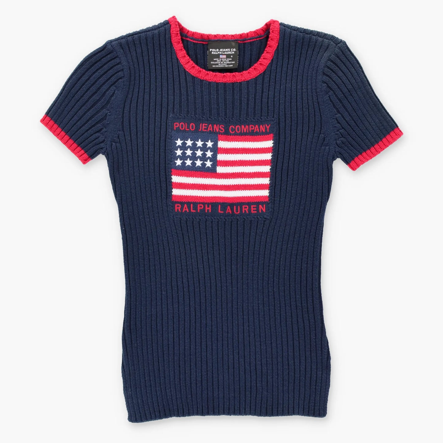 Vintage RALPH LAUREN POLO JEANS CO Embroidered Logo & USA Flag Navy Rib Knit Top (Women's XS)