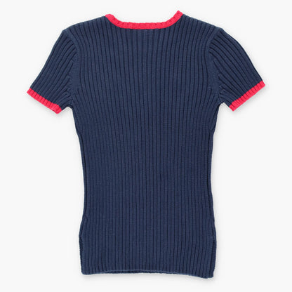 Vintage RALPH LAUREN POLO JEANS CO Embroidered Logo & USA Flag Navy Rib Knit Top (Women's XS)