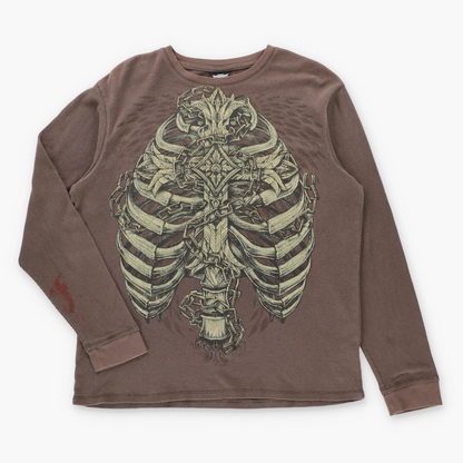 Vintage MMA ELITE Gold Foil Ribcage & Chains Brown Long Sleeve Waffle Thermal Tee (XL) Vintage Sole Melbourne