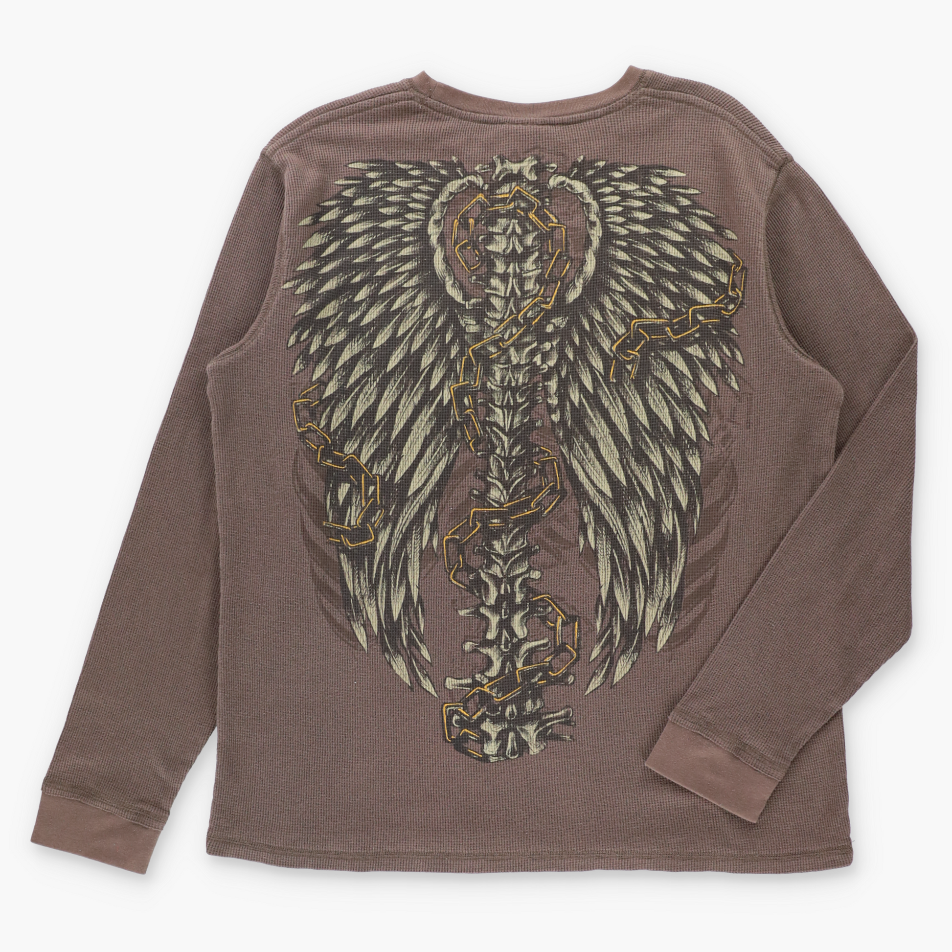 Vintage MMA ELITE Gold Foil Ribcage & Chains Brown Long Sleeve Waffle Thermal Tee (XL) Vintage Sole Melbourne
