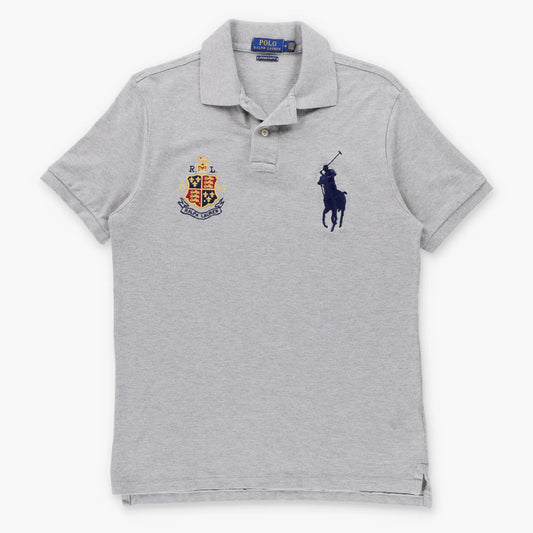 POLO RALPH LAUREN 'Custom Slim Fit' Embroidered Big Pony & Logo Crest Grey Polo Shirt (S-M)