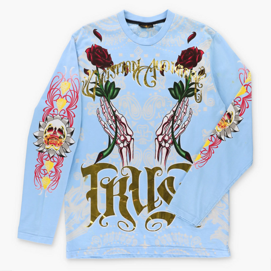 Vintage CHRISTIAN AUDIGIER "Trust" MCMVIII Light Blue & Gold Foil Paisley All Over Print Long Sleeve Tee (L-XL)