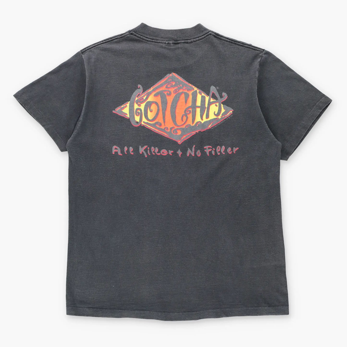 Vintage 1991 GOTCHA Skate & Surf Brand "All Killer No Filler" Faded Black Single Stitch Tee (M)