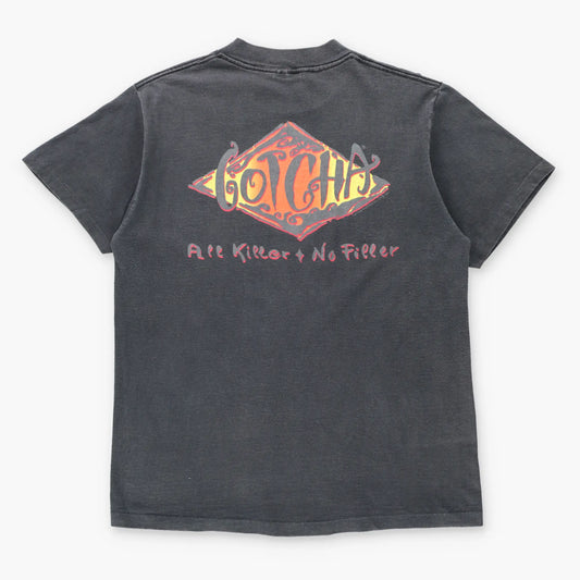 Vintage 1991 GOTCHA Skate & Surf Brand "All Killer No Filler" Faded Black Single Stitch Tee (M)