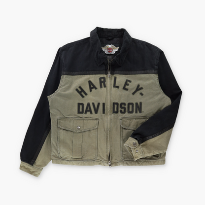 HARLEY DAVIDSON Leather Accented Green & Black Canvas Jacket (XL)