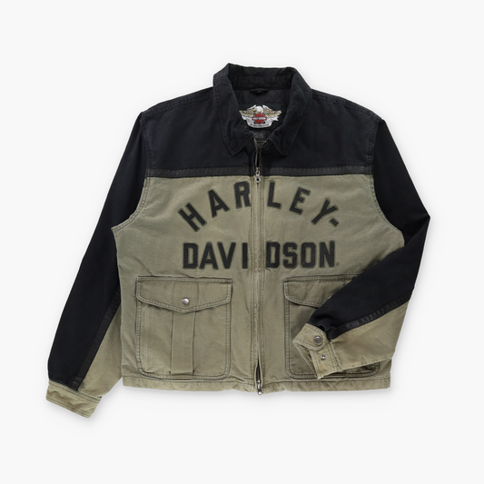 HARLEY DAVIDSON Leather Accented Green & Black Canvas Jacket (XL)