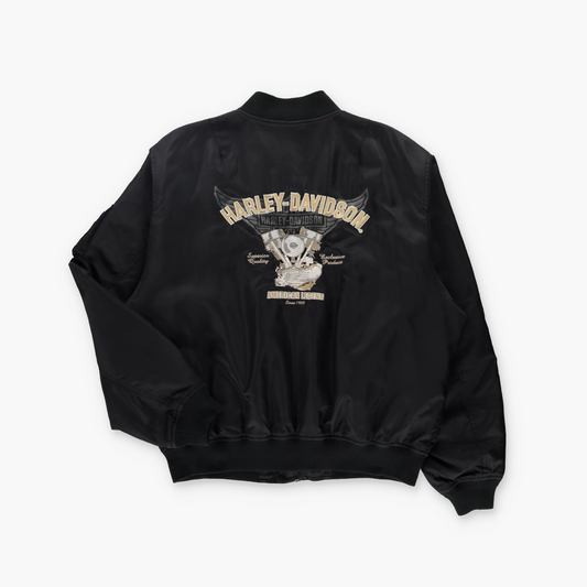 HARLEY DAVIDSON Embroidered Engine Applique Black & Gold Bomber Jacket (XL)
