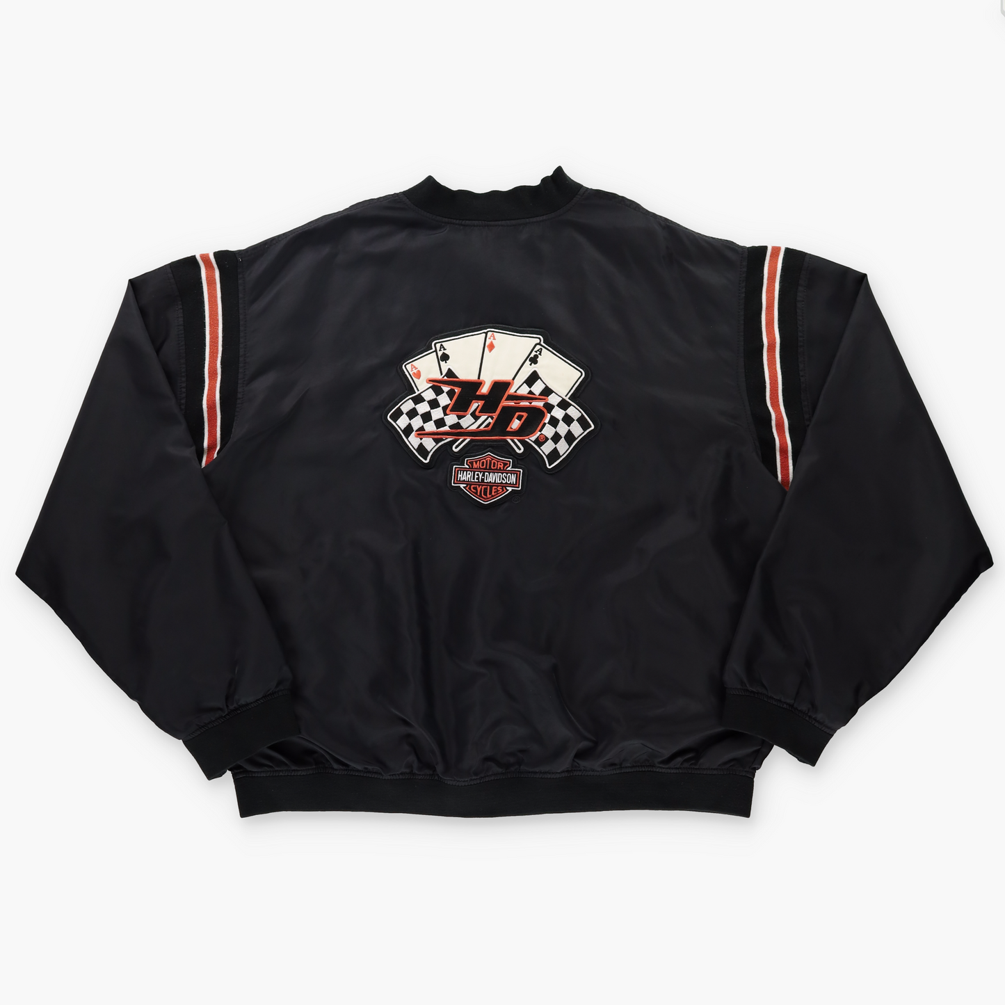 HARLEY DAVIDSON Embroidered Aces & Race Flags USA Made Bomber Jacket (XXL)