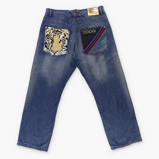 COOGI Embroidered Tiger Pocket Claw Scratch Blue Jeans (38 x 34)