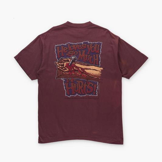 "He Loves You So Much It Hurts" USA Made Single Stitch TEEJAYS Burgundy Bible Verse Tee (XL)
