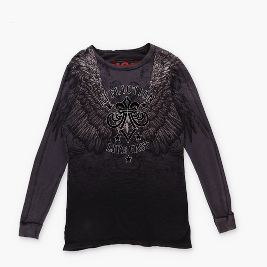 AFFLICTION Y2K Reversible Double Sided Wing Graphic Distressed Thermal Long Sleeve (L)
