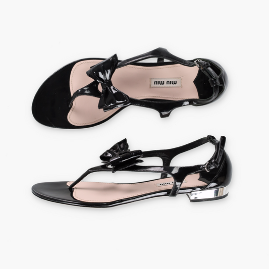 MIU MIU Black Patent Leather Bow Adjustable Buckle Strap T-Bar Sandals (40)