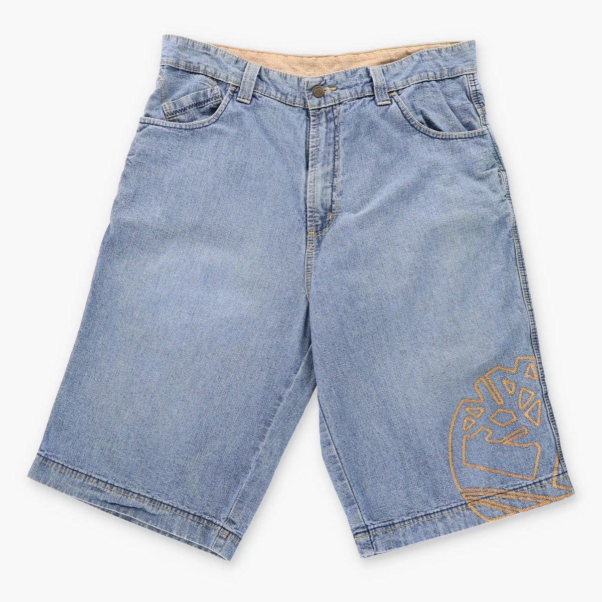 Vintage TIMBERLAND Embroidered Jorts Blue & Yellow Denim Jean Shorts (36)