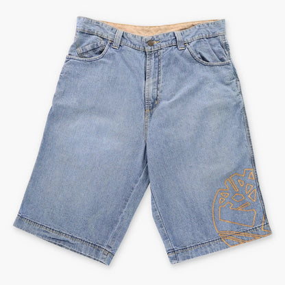 Vintage TIMBERLAND Embroidered Jorts Blue & Yellow Denim Jean Shorts (36)