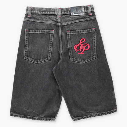 Vintage SOUTHPOLE Y2K Embroidered Jorts Red & Black Denim Jean Shorts (34)