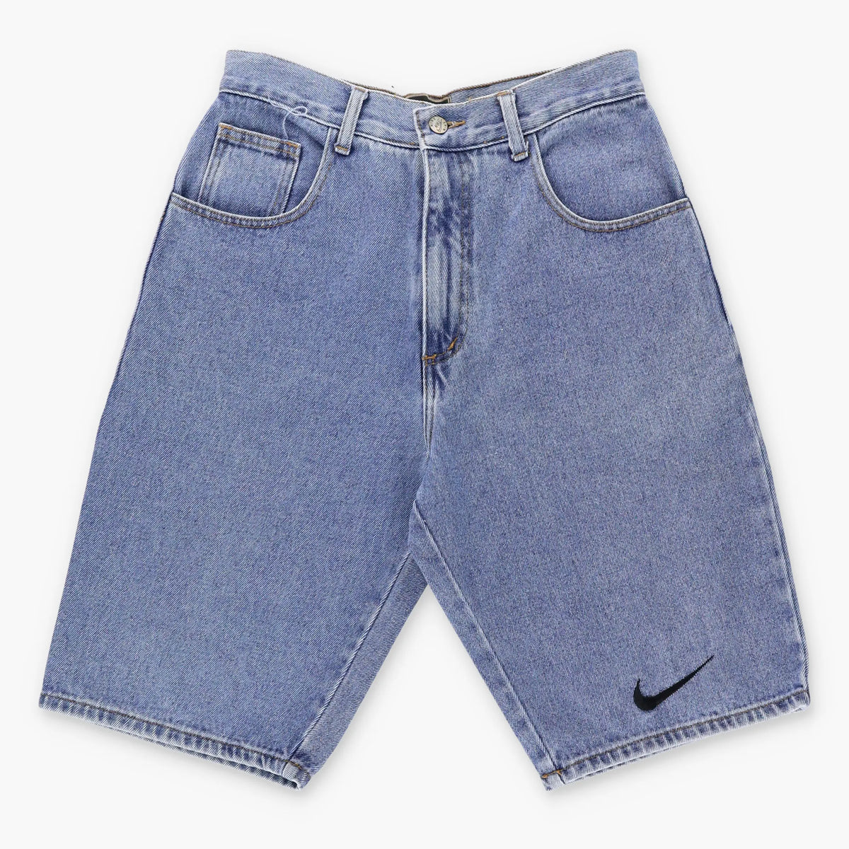 Vintage NIKE 90's Embroidered Large Swoosh Jorts USA Made Blue Denim Shorts (30)