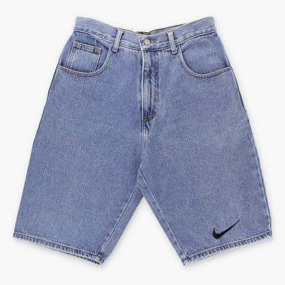 Vintage NIKE 90's Embroidered Large Swoosh Jorts USA Made Blue Denim Shorts (30)