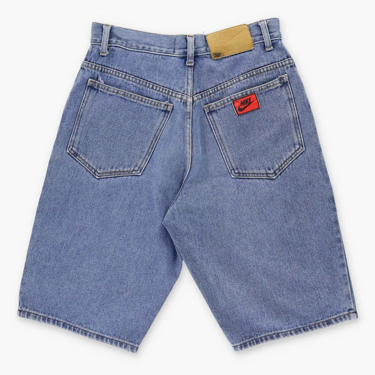 Vintage NIKE 90's Embroidered Large Swoosh Jorts USA Made Blue Denim Shorts (30)