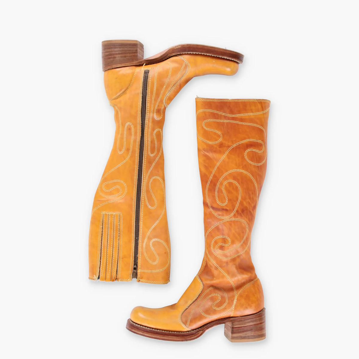 80's Vintage FRYE Embroidered Swirl Square Toe USA Made Orange Campus Boots (5B)