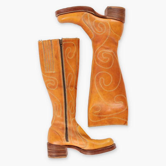 80's Vintage FRYE Embroidered Swirl Square Toe USA Made Orange Campus Boots (5B)