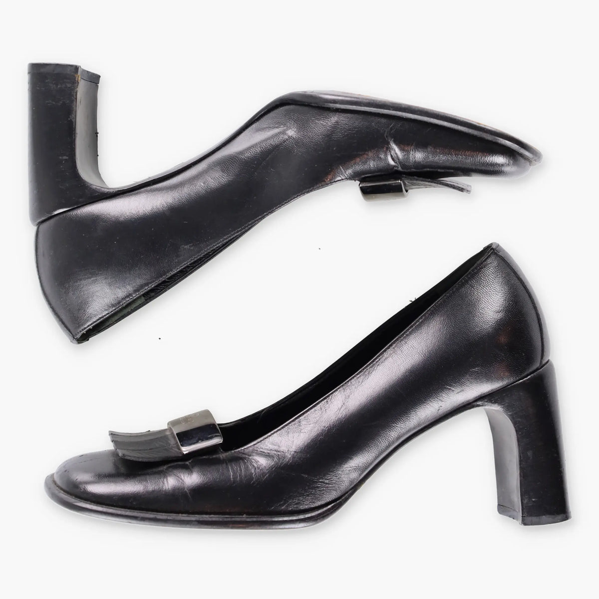 Vintage GUCCI 90's Tassel Loafer Silver & Black Leather Pump Heel (37 C)