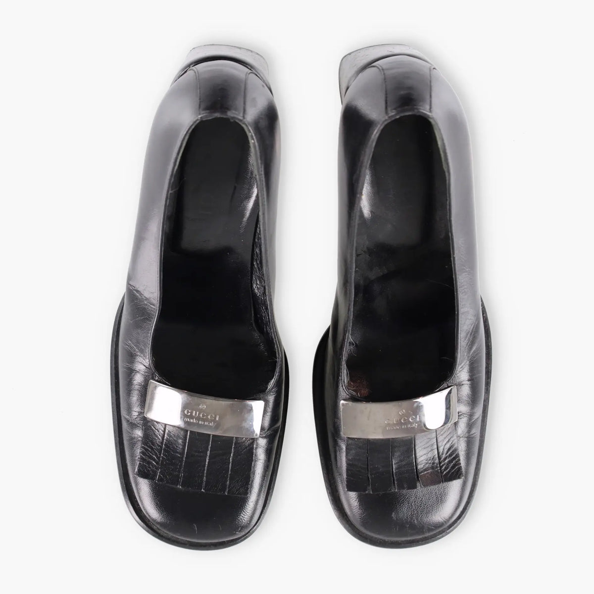 Vintage GUCCI 90's Tassel Loafer Silver & Black Leather Pump Heel (37 C)