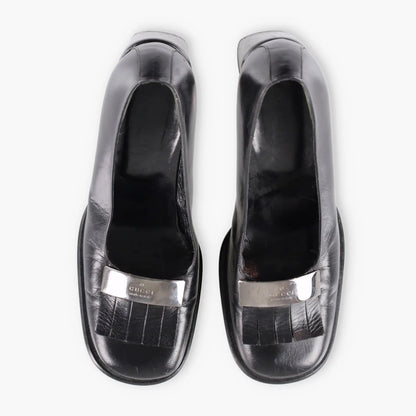 Vintage GUCCI 90's Tassel Loafer Silver & Black Leather Pump Heel (37 C)
