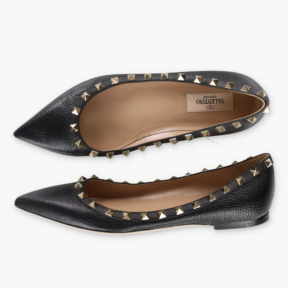 Vintage VALENTINO GARVANI Studded Black & Gold Pointed Toe Leather Flats (37.5)